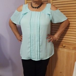 Tiffany blue cold shoulder blouse